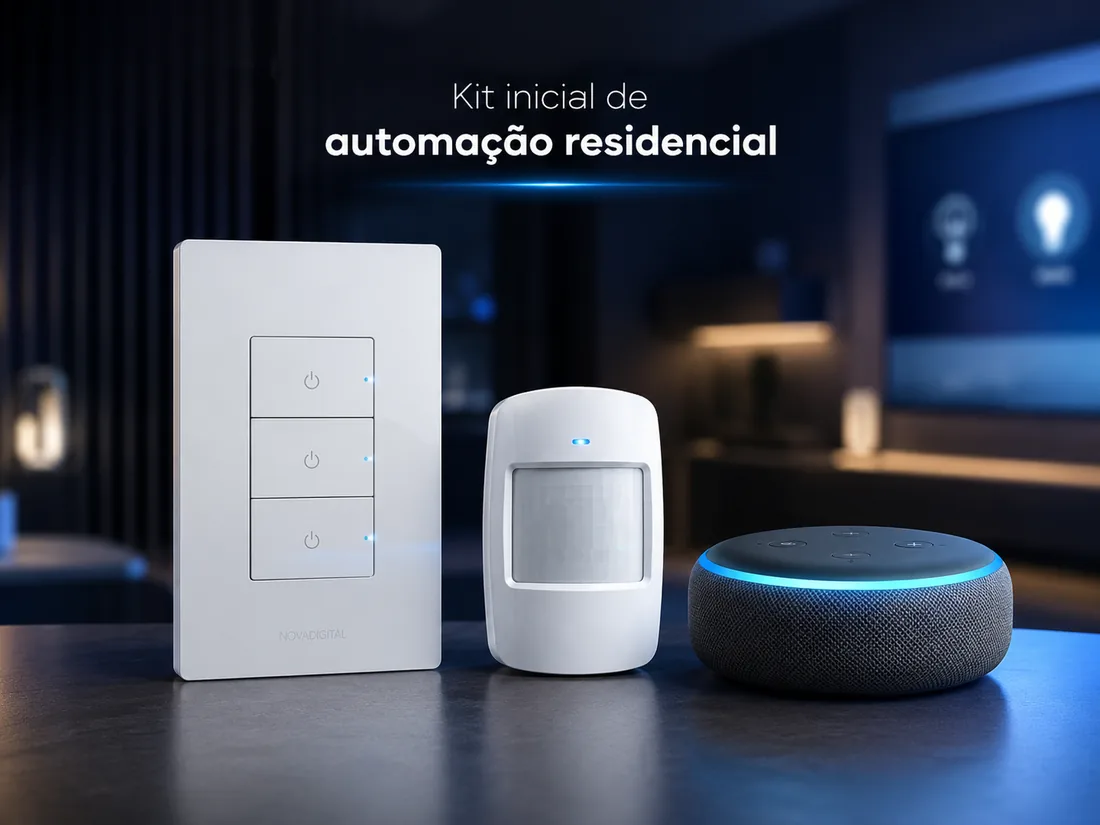 Kit inicial de automação residencial com interruptor, sensor e assistente de voz