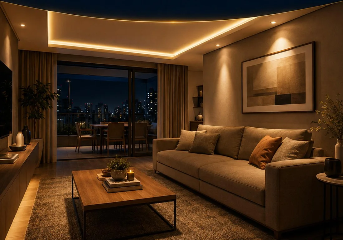Sala com iluminação em camadas: luz geral, sanca de LED e destaques